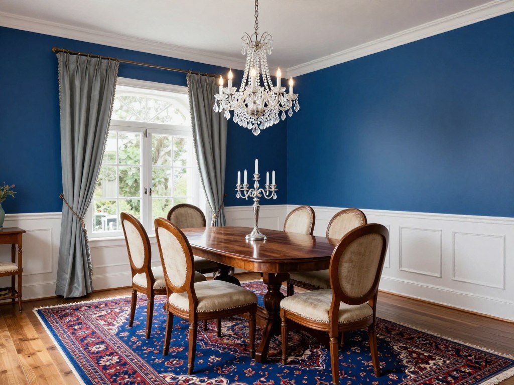 A traditional blue dining room with classic furniture and formal elements