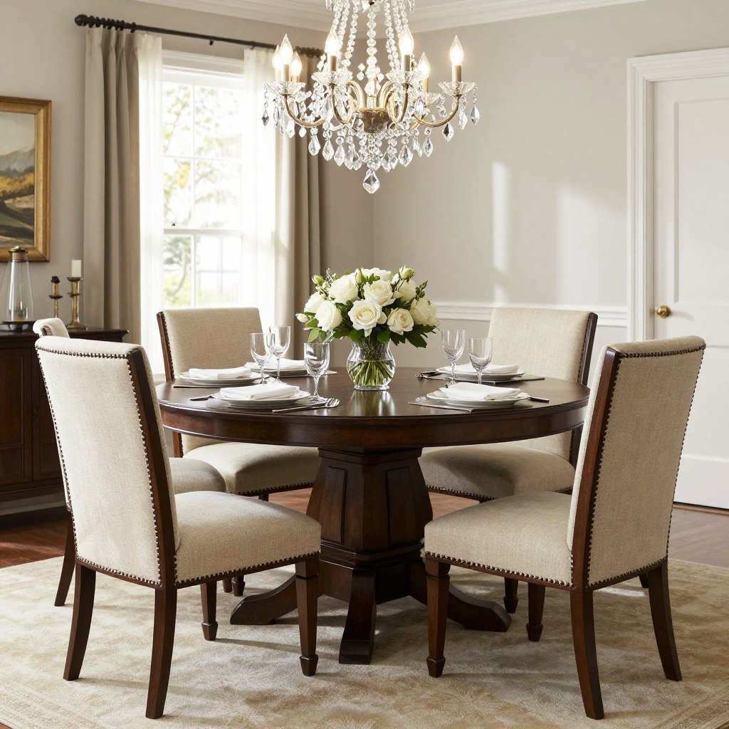 A traditional elegant round dining set with upholstered chairs and formal styling