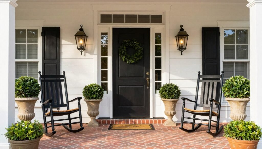 A traditional front patio with symmetrical design, classic furniture, and formal plantings creating an elegant entrance