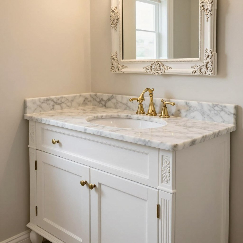 A traditional white bathroom vanity with ornate details and marble top