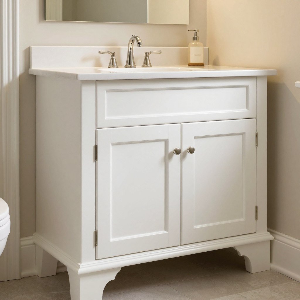 A traditional white raised panel bathroom vanity with elegant details