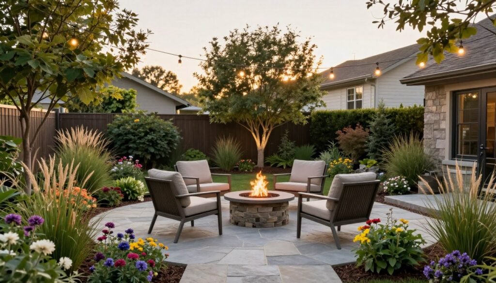 A tranquil backyard retreat with a stone patio, comfortable seating area, fire pit, and lush surrounding plantings