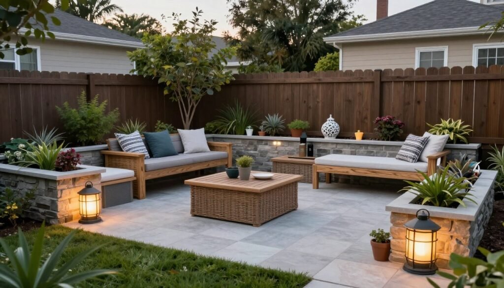 A transformed backyard with multiple DIY projects creating a cohesive and personalized outdoor space A transformed backyard with multiple DIY projects creating a cohesive and personalized outdoor space