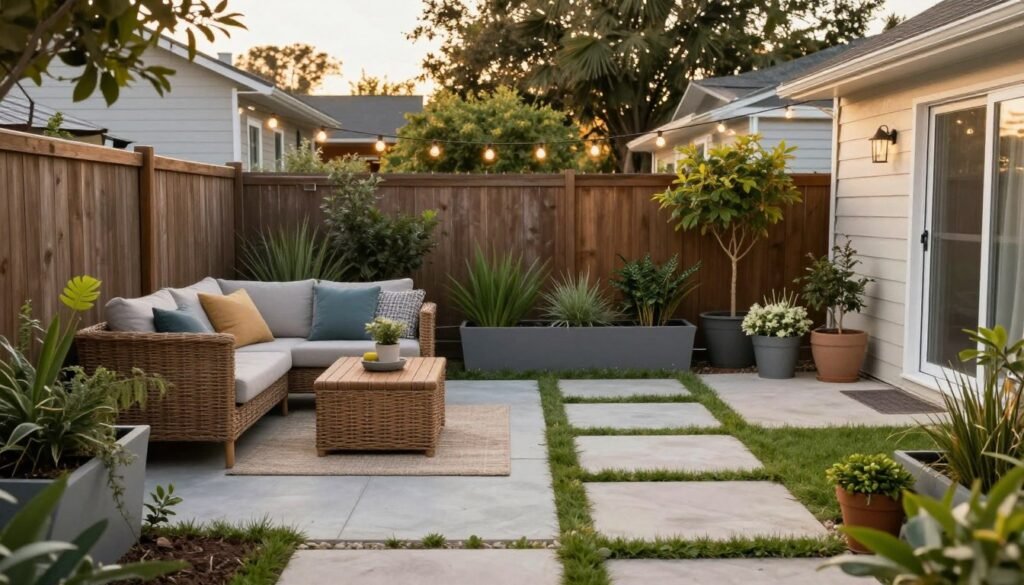 A transformed simple backyard with multiple elements like seating, lighting, and container gardens creating a cohesive outdoor retreat