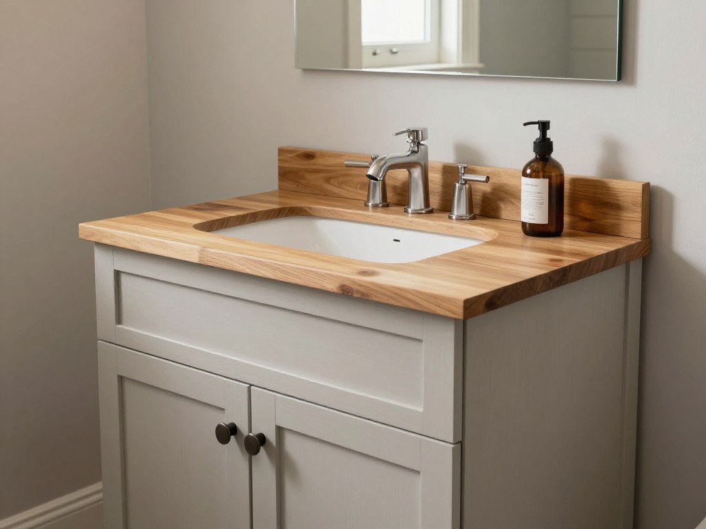 A transitional bathroom vanity combining painted wood cabinets with a natural wood countertop and metal accents
