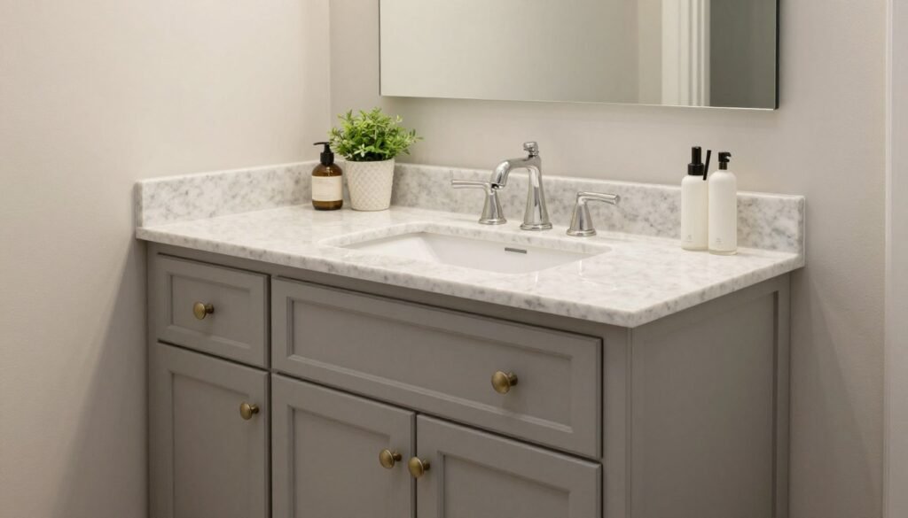 A transitional bathroom vanity with a mix of traditional cabinet details and contemporary fixtures and finishes