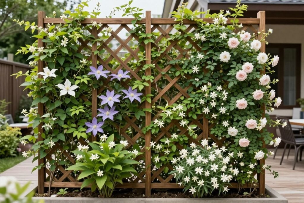 A trellis with climbing vines creating a living privacy screen on a backyard patio