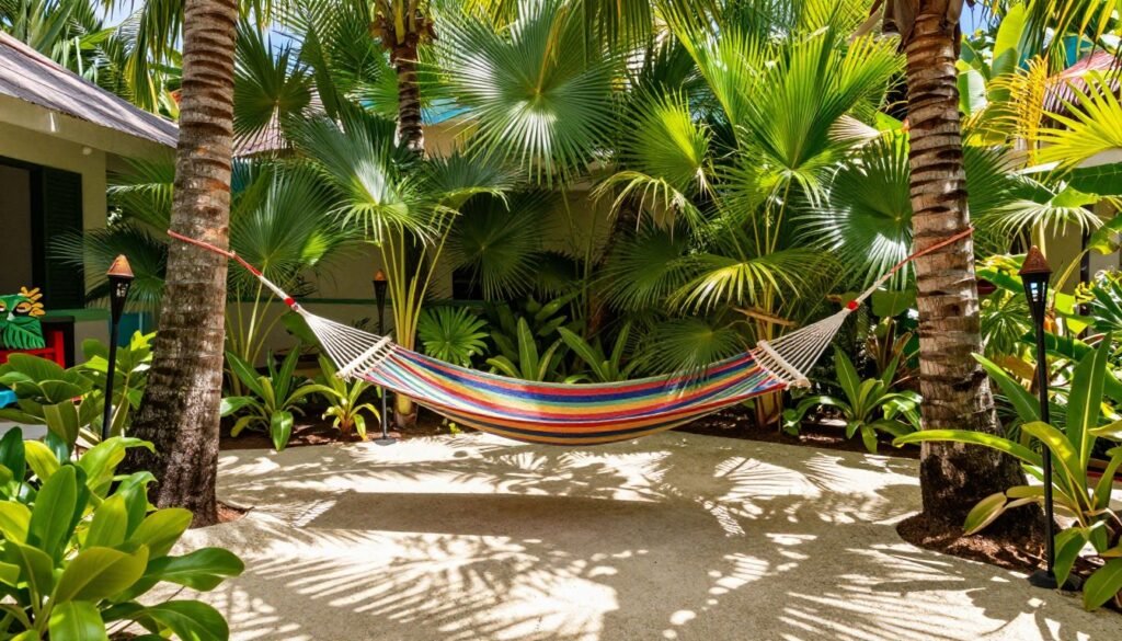 A tropical-themed backyard with a colorful striped hammock between palm trees, surrounded by tropical plants and tiki torches