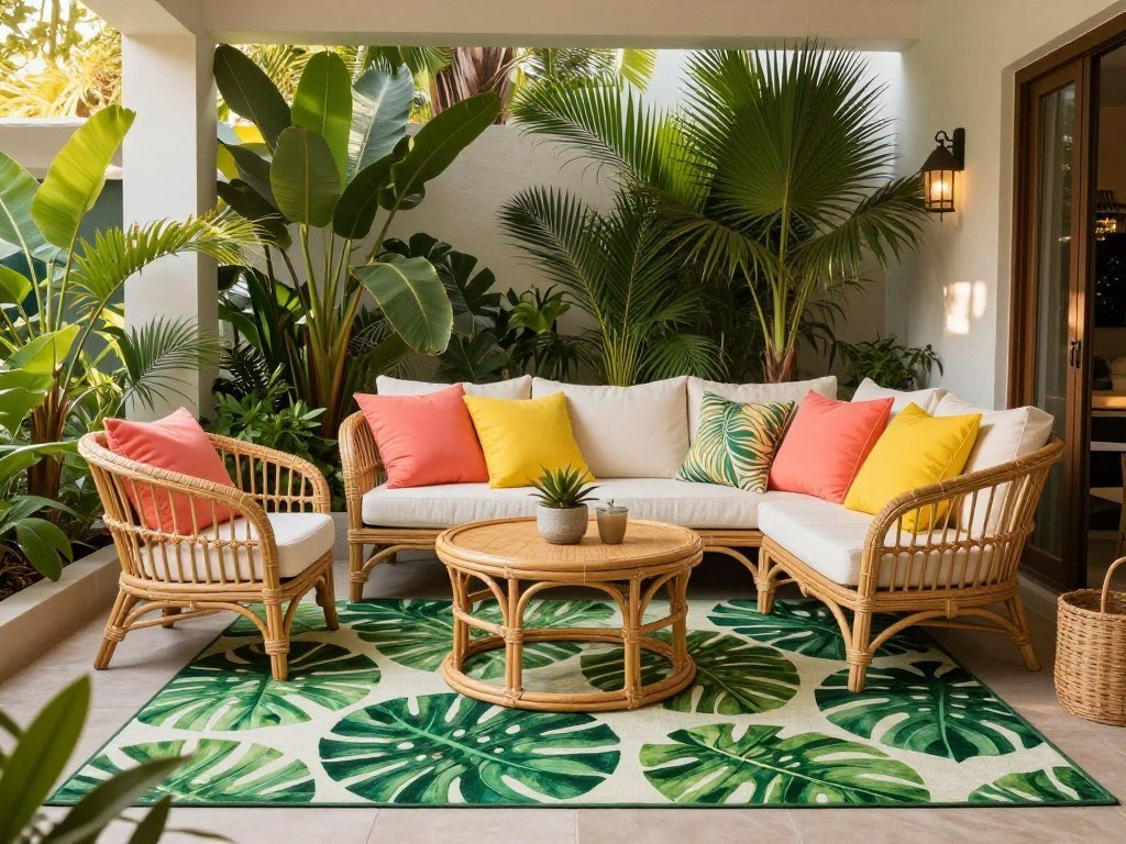 A tropical-themed patio with a leaf-patterned outdoor rug, lush plants, and bright accent colors