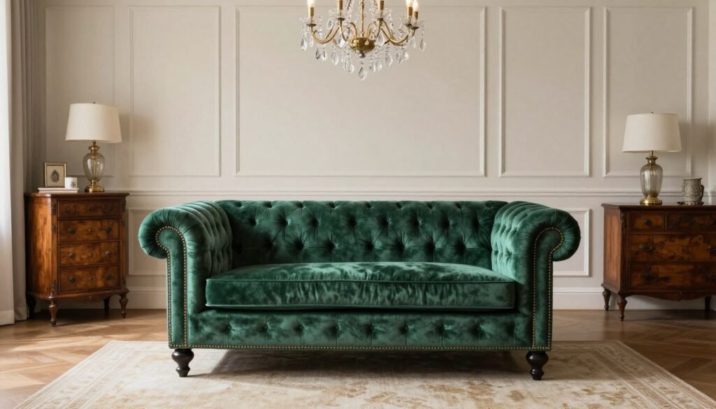 A tufted emerald green velvet couch with rolled arms in a traditional living room with classic decor elements