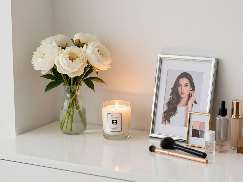A vanity area with personal touches including fresh flowers, a scented candle, and framed photos