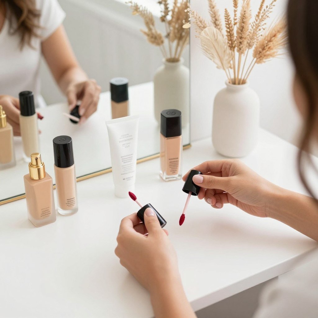 A vanity being refreshed for a new season with seasonal products and decor