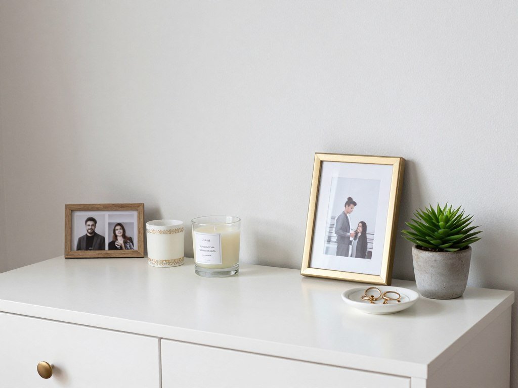 A vanity decorated with personal touches including framed photos, candles, and small plants
