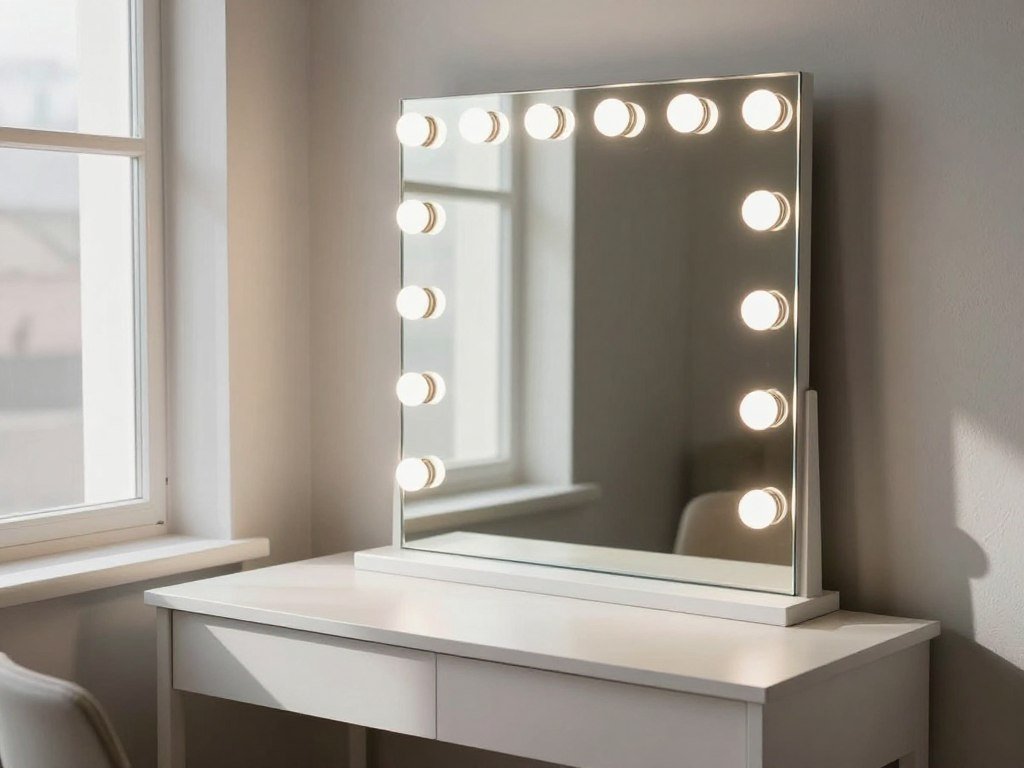 A vanity desk positioned near a window with natural light, complemented by a lighted mirror with adjustable settings