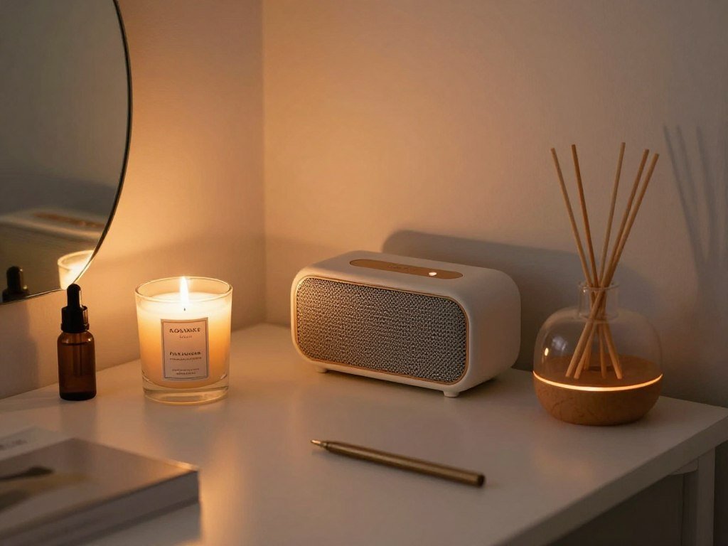 A vanity desk with a lit scented candle, small Bluetooth speaker playing music, and essential oil diffuser creating a multi-sensory experience