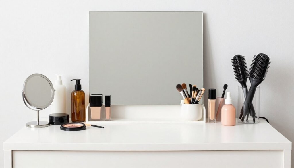 A vanity desk with clearly defined zones for skincare, makeup application, and hair styling, each with appropriate organizers