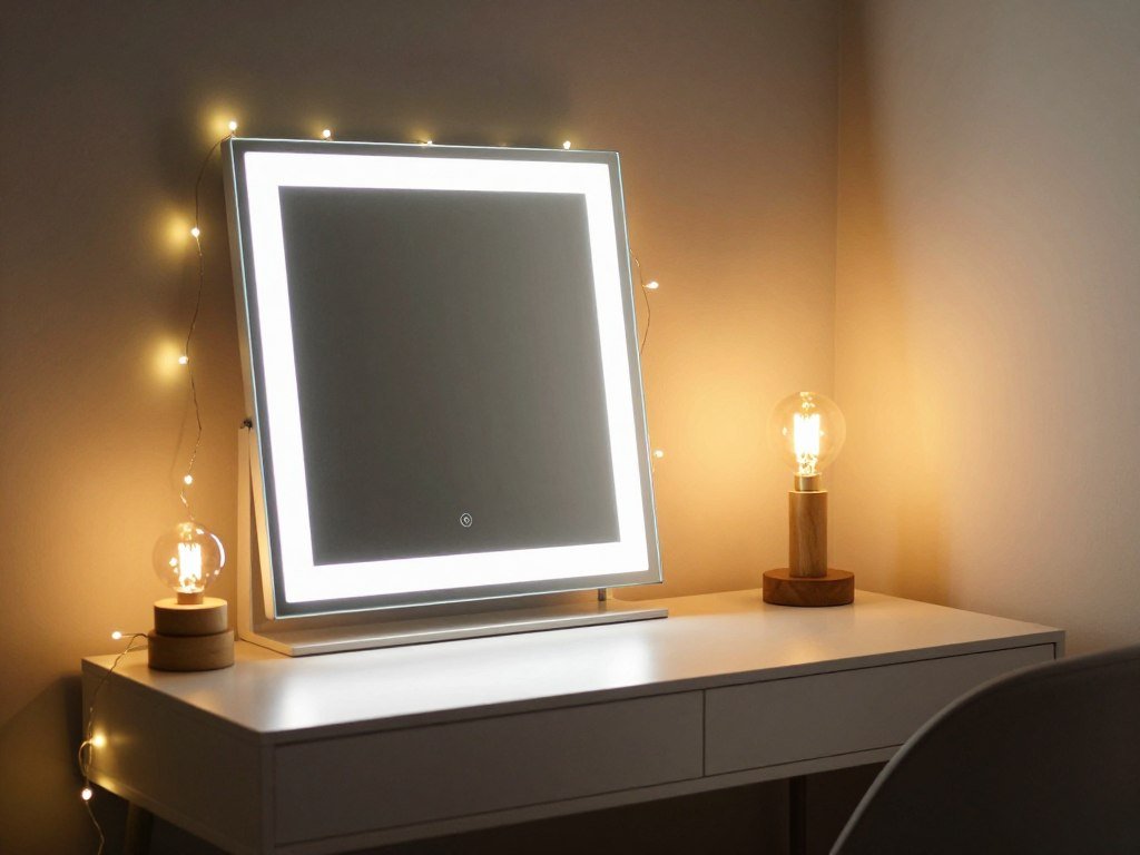 A vanity desk with layered lighting including a bright makeup mirror, soft table lamp, and decorative string lights for different moods