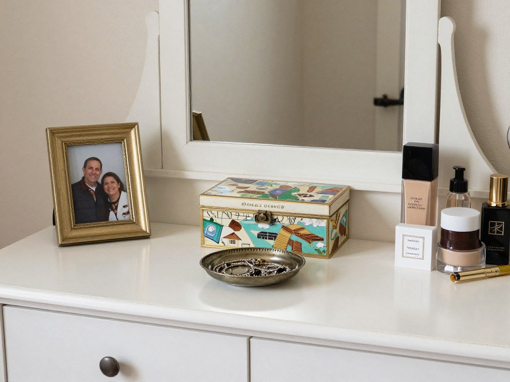 A vanity desk with personal touches including framed photos, travel souvenirs, and meaningful objects among beauty products