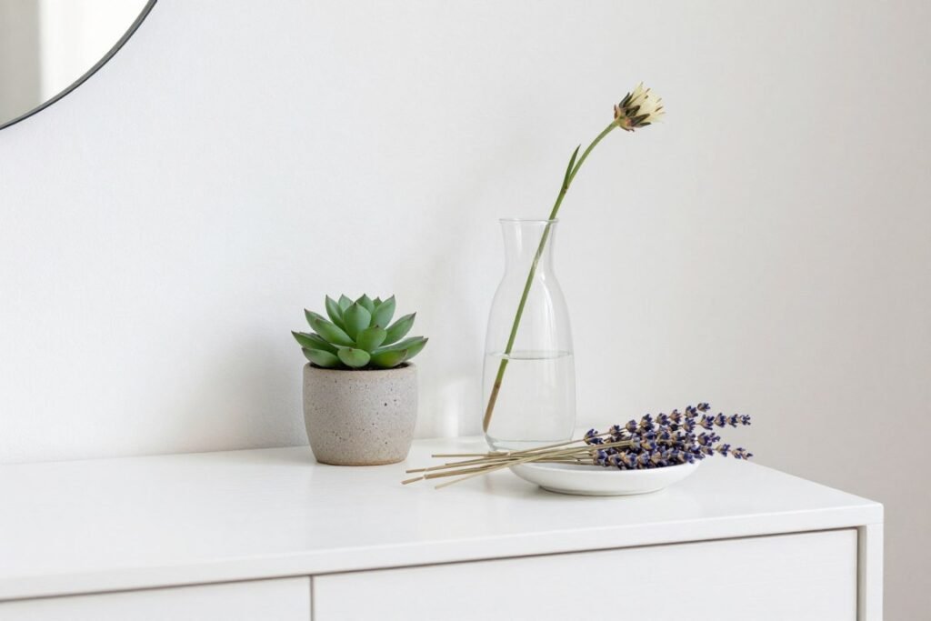 A vanity desk with thoughtfully placed plants and flowers, including a small succulent and a bud vase with fresh blooms