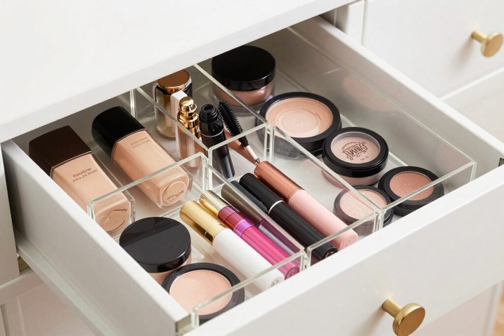 A vanity drawer with clear organizers separating daily makeup essentials for easy access