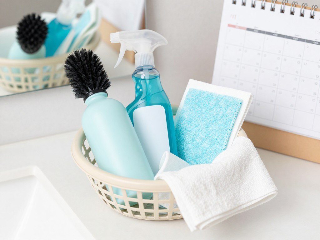 A vanity maintenance scene showing cleaning supplies, a calendar marked with monthly beauty inventory dates, and neatly returned products