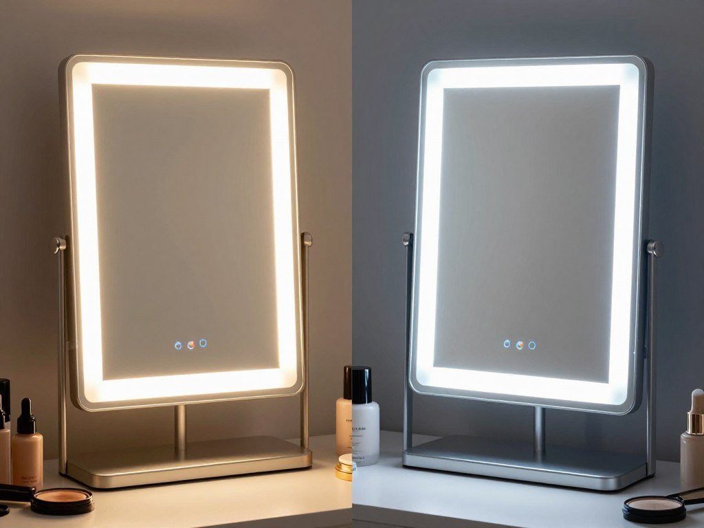 A vanity mirror with adjustable LED lighting showing warm and cool light settings