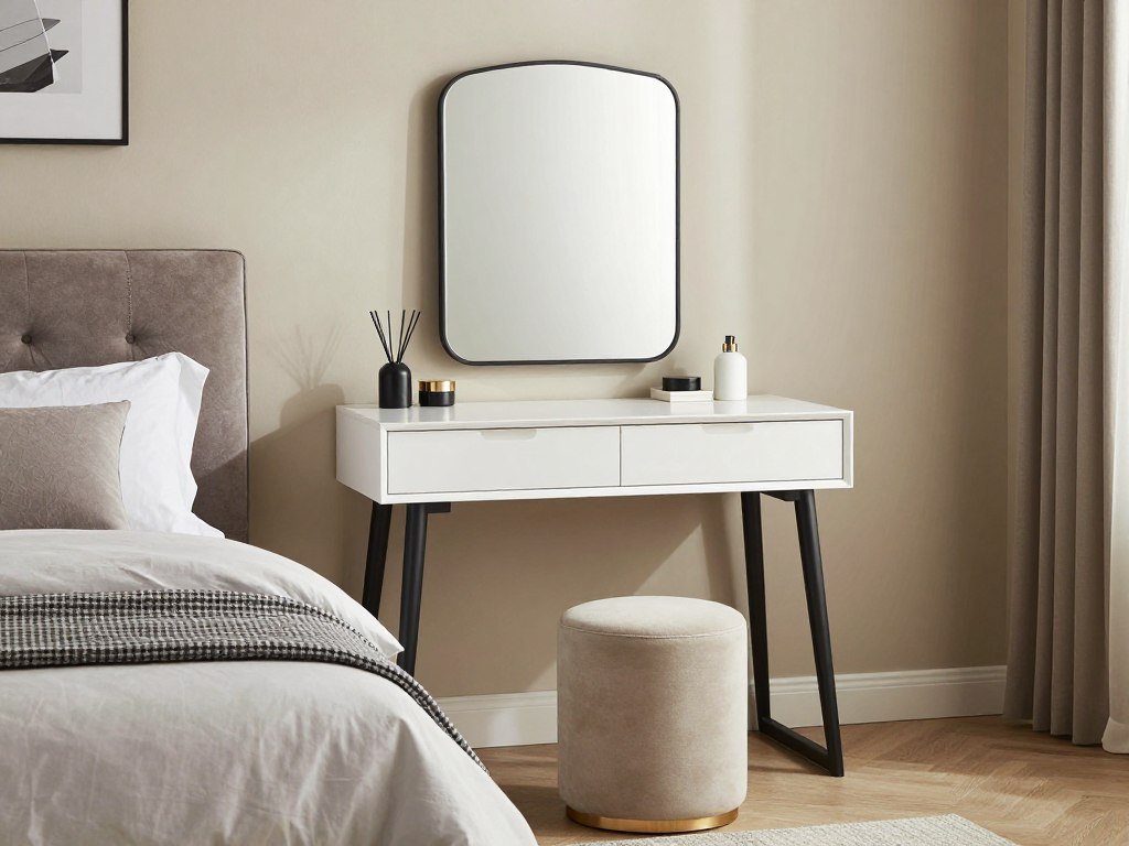 A vanity positioned at the foot of a bed, creating a focal point in the bedroom