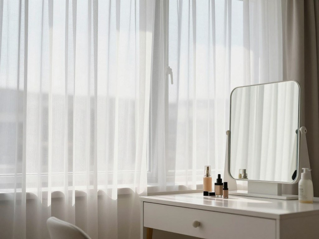 A vanity positioned by a large window with sheer curtains diffusing natural light