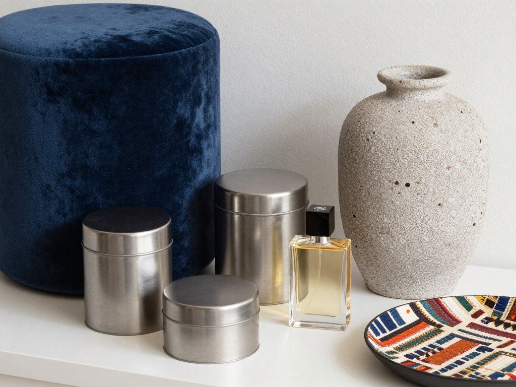 A vanity set up showcasing various textures and colors through textiles, containers, and accessories