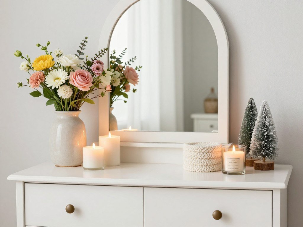 A vanity set up with seasonal elements like spring flowers, fall candles, or winter textures