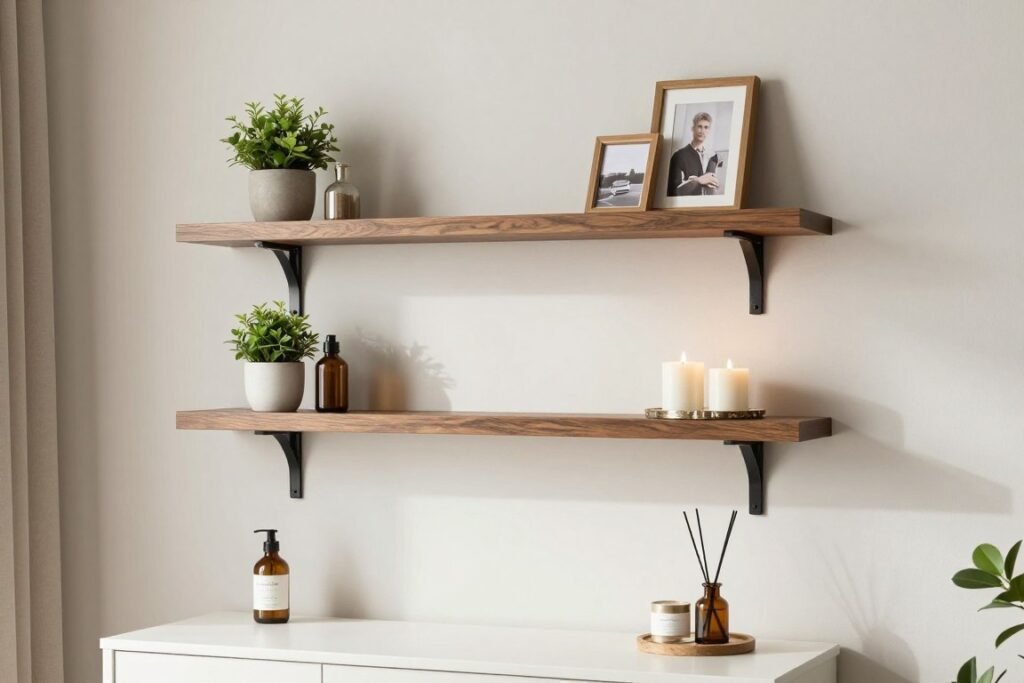 A vanity setup with floating shelves above displaying decorative items while keeping the surface functional