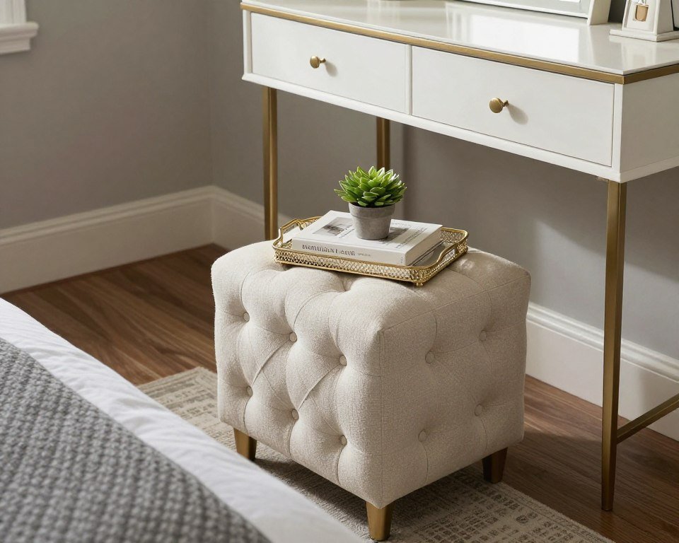A vanity stool placed at the foot of a bed as an accent piece