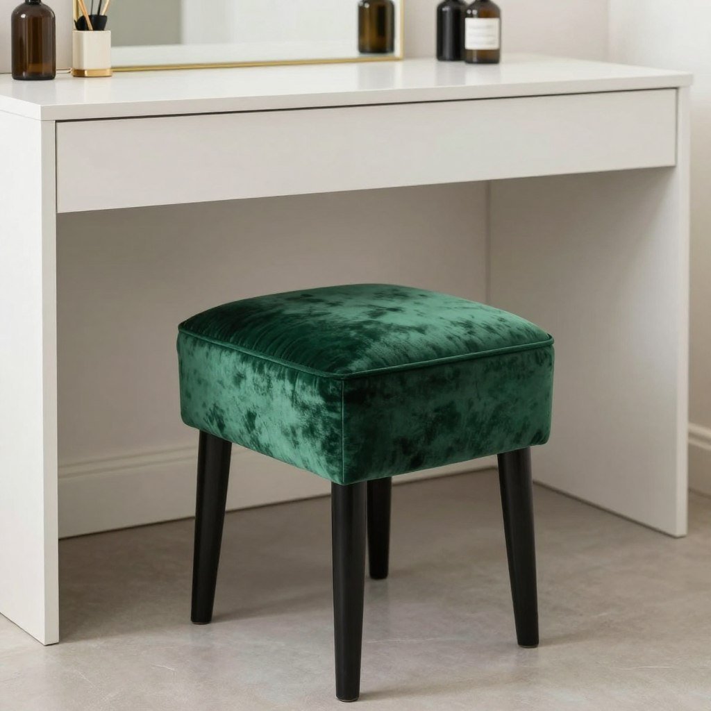 A vanity stool upholstered in rich emerald green velvet adding a pop of color to a neutral dressing area