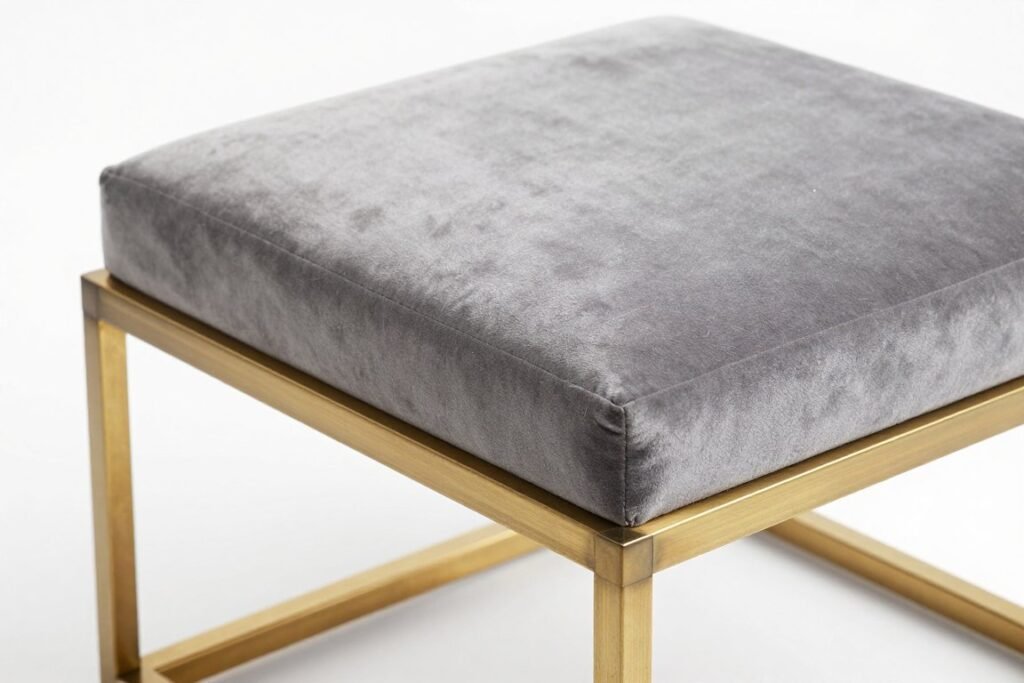 A vanity stool with a brass metal frame and gray velvet upholstery