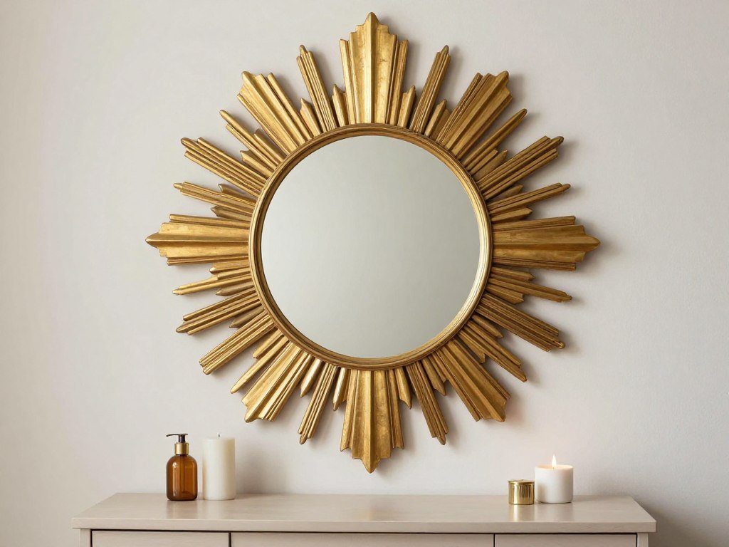 A vanity with a large gold sunburst statement mirror that serves as a focal point