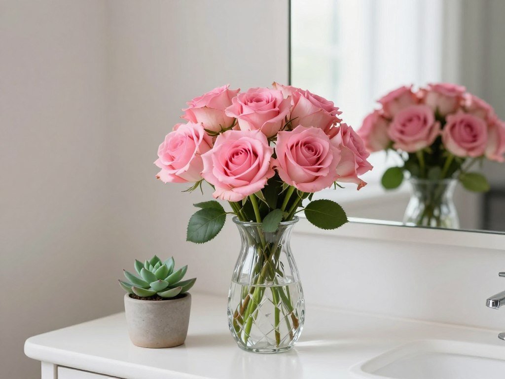 A vanity with a small vase of fresh flowers and a potted succulent adding natural elements