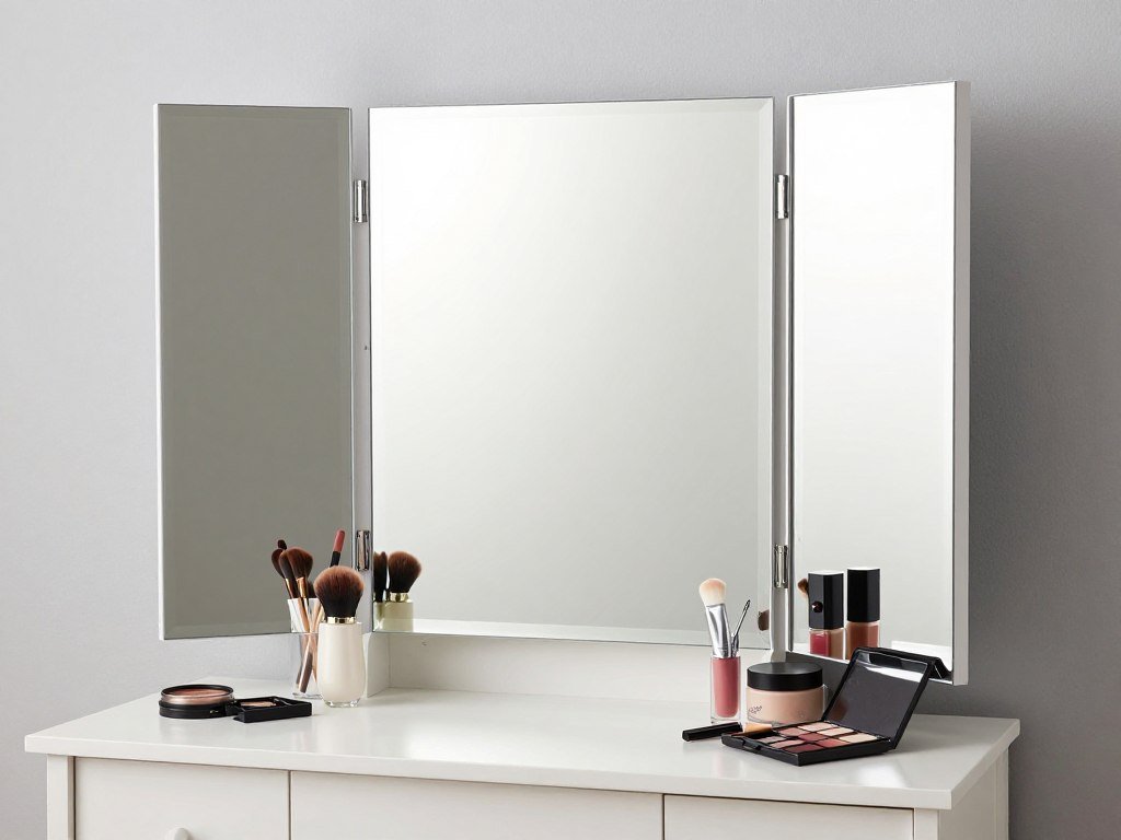 A vanity with a tri-fold mirror that allows viewing from multiple angles