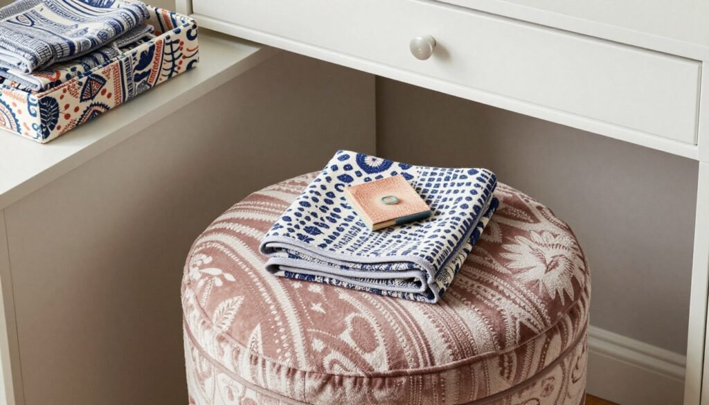A vanity with coordinated textiles including a plush stool cushion, small hand towels, and decorative fabric elements