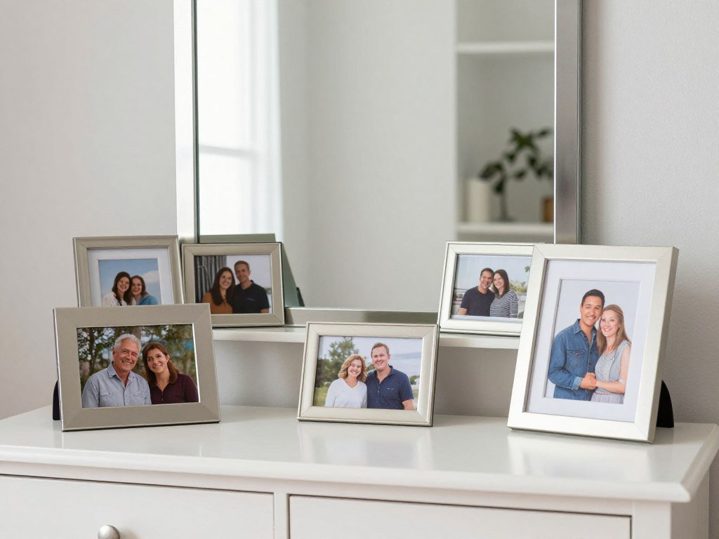 A vanity with elegantly framed personal photographs adding a meaningful touch