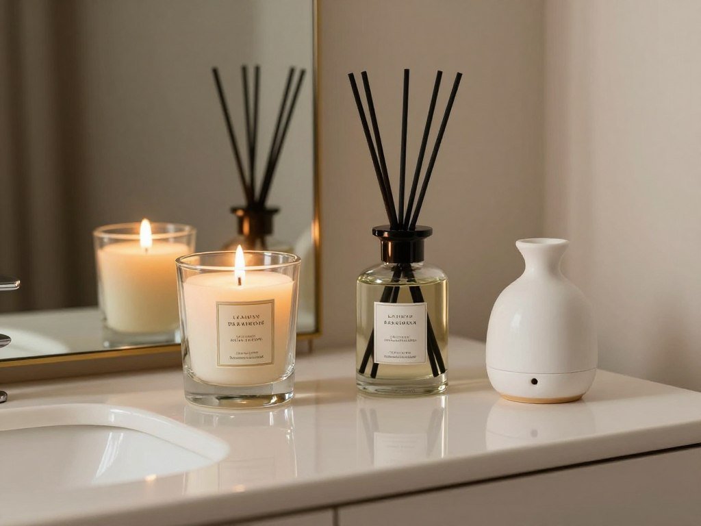 A vanity with luxury scented candles and a reed diffuser creating a sensory experience