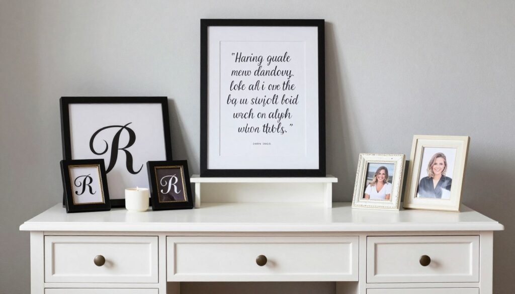 A vanity with personalized touches including custom artwork, monogrammed accessories, and photo displays