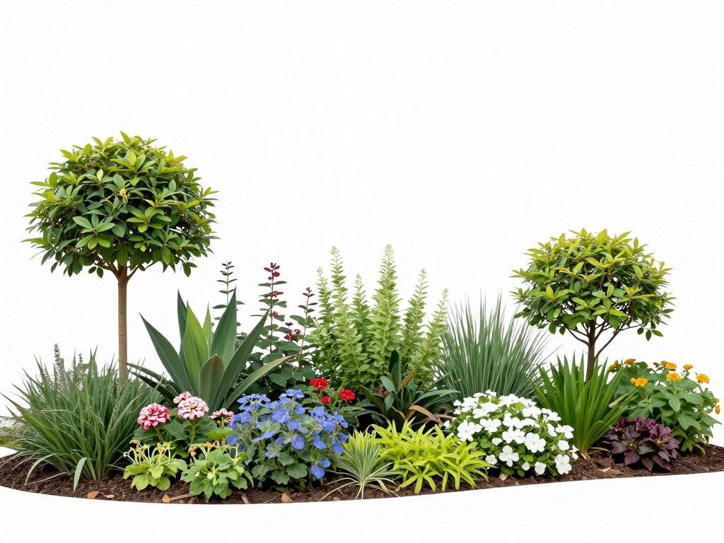 A variety of plants suitable for front yard landscaping with different heights and textures