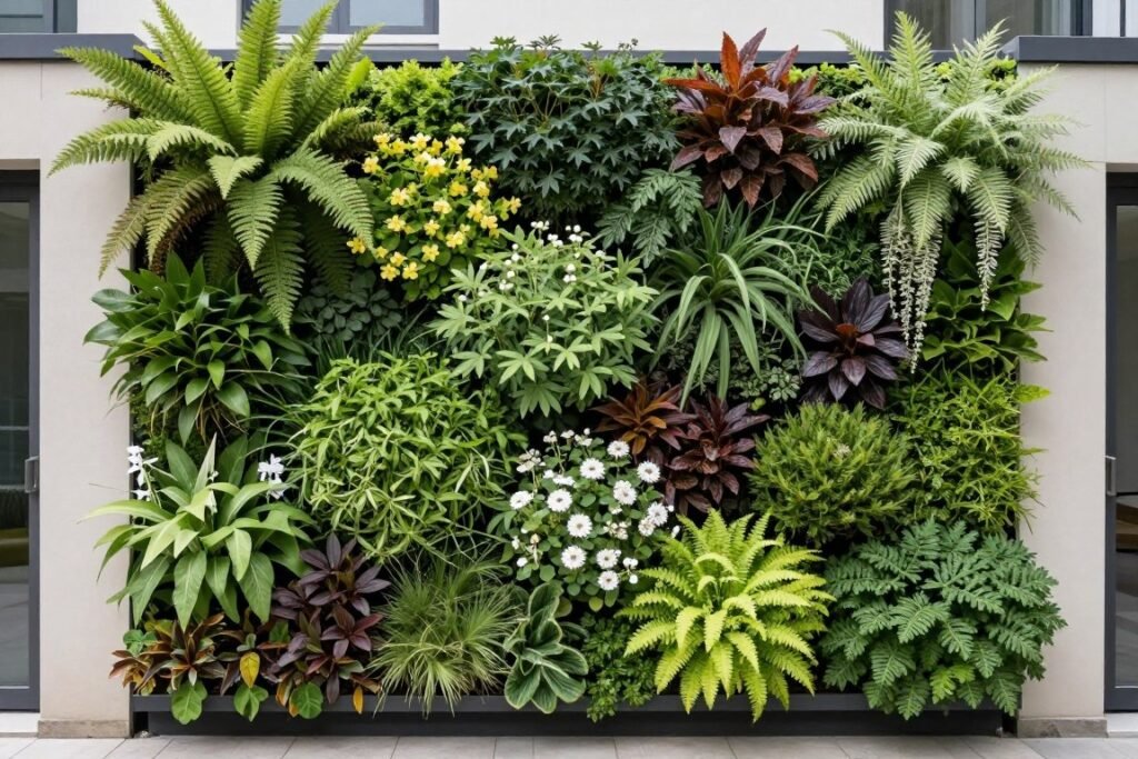 A vertical garden with a variety of plants growing on a wall structure, creating a living wall effect in a small urban space
