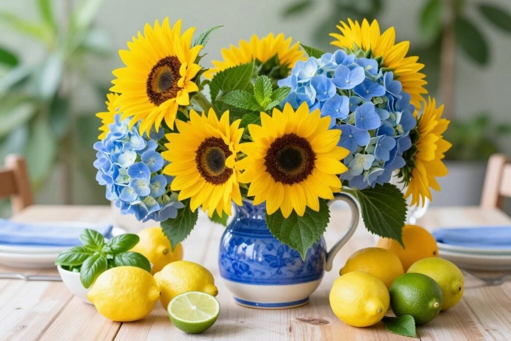 A vibrant summer dining table centerpiece featuring sunflowers, blue hydrangeas, and citrus fruits in a colorful arrangement A vibrant summer dining table centerpiece featuring sunflowers, blue hydrangeas, and citrus fruits in a colorful arrangement