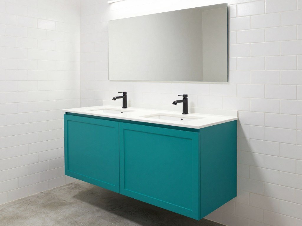 A vibrant teal bathroom vanity with white countertop and modern fixtures