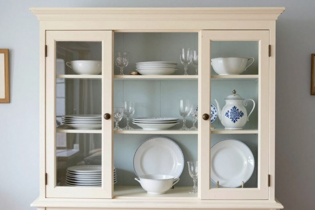 A vintage hutch in a cottage dining room displaying a collection of white ironstone dishes and blue transferware