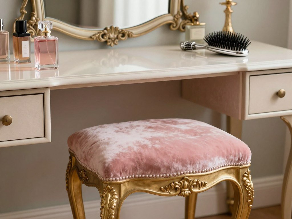 A vintage-inspired vanity stool with ornate gold legs and blush pink velvet upholstery