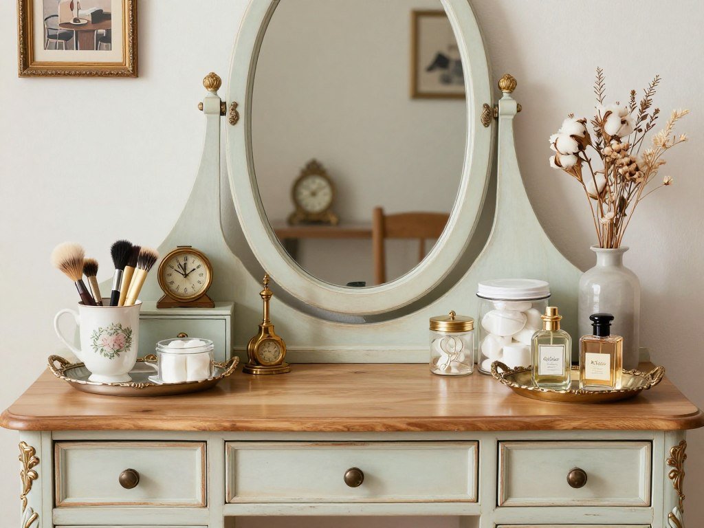 A vintage-inspired vanity with antique elements, repurposed containers, and classic styling