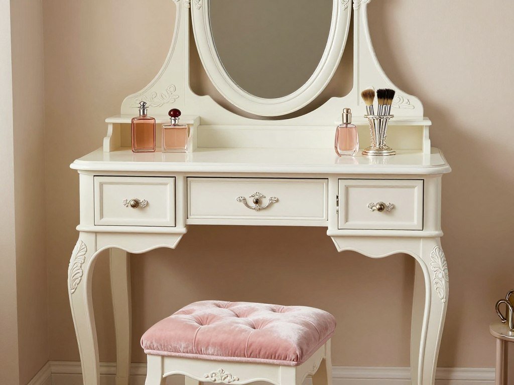 A vintage-inspired vanity with ornate details, an oval mirror, and a tufted stool