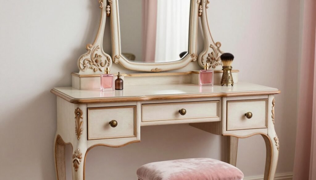 A vintage-inspired vanity with ornate details, antique mirror, and soft pink accents